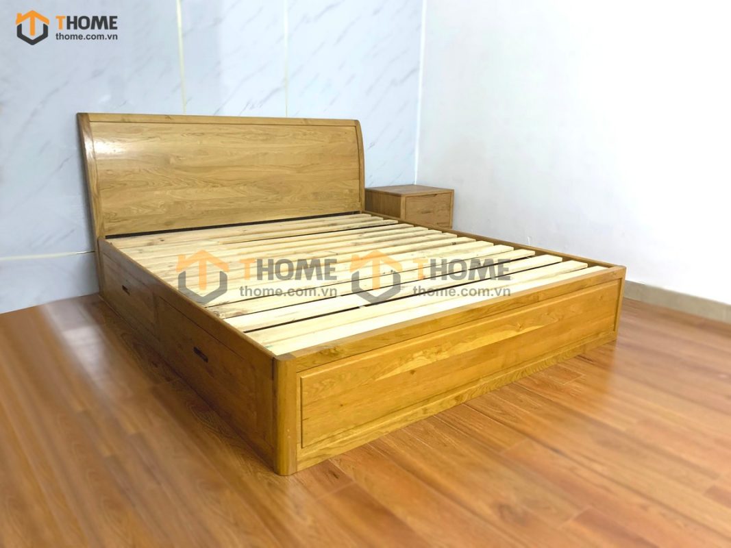 Giường ngủ gỗ sồi tự nhiên Nova đầu cong trơn 2 hộc kéo GN-01SM