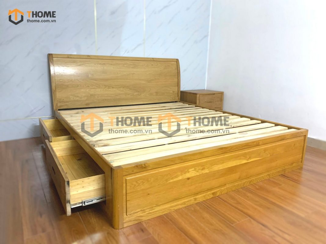 Giường ngủ gỗ sồi tự nhiên Nova đầu cong trơn 2 hộc kéo GN-01SM