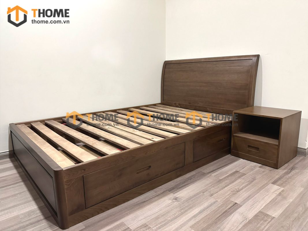 Giường ngủ gỗ sồi tự nhiên Nova đầu cong trơn 2 hộc kéo GN-01SM