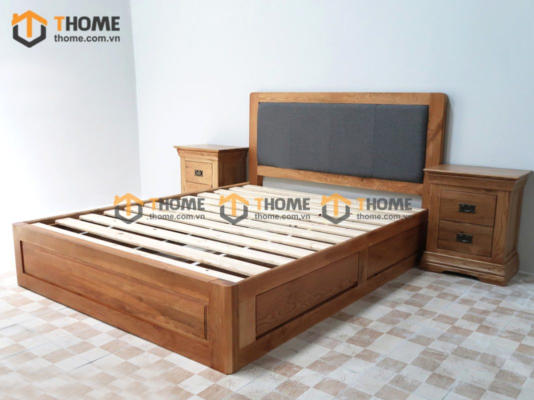 Giường ngủ gỗ sồi tự nhiên đầu nệm 2 hộc kéo GNĐN-10SM