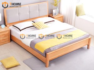 Giường ngủ gỗ sồi tự nhiên đầu nệm Caro GNĐN-11SN