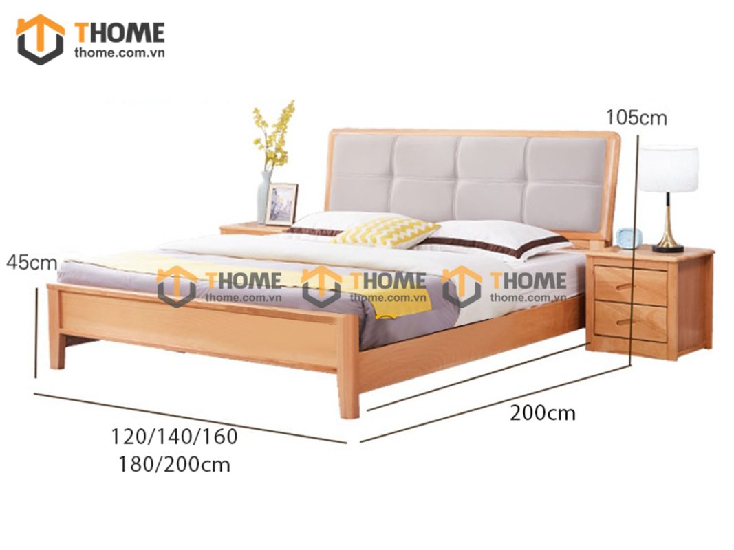 Giường ngủ gỗ sồi tự nhiên đầu nệm Caro GNĐN-11SN