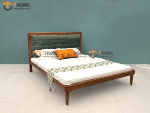 Giường ngủ gỗ sồi tự nhiên đầu nệm Sunrise màu óc chó GNĐN-06SN
