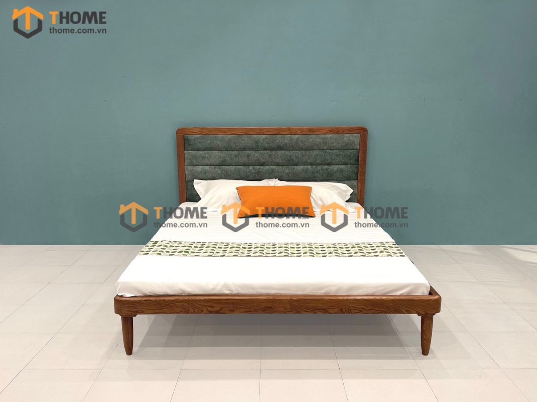Giường ngủ gỗ sồi tự nhiên đầu nệm Sunrise màu óc chó GNĐN-06SN