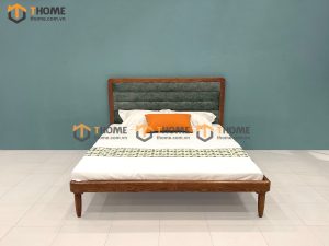 Giường ngủ gỗ sồi tự nhiên đầu nệm Sunrise màu óc chó GNĐN-06SN