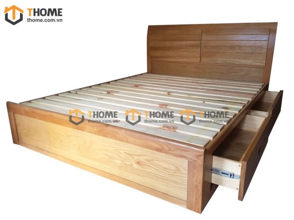 Giường ngủ gỗ sồi tự nhiên Nova đầu lá sách 2 hộc kéo GN-02SM