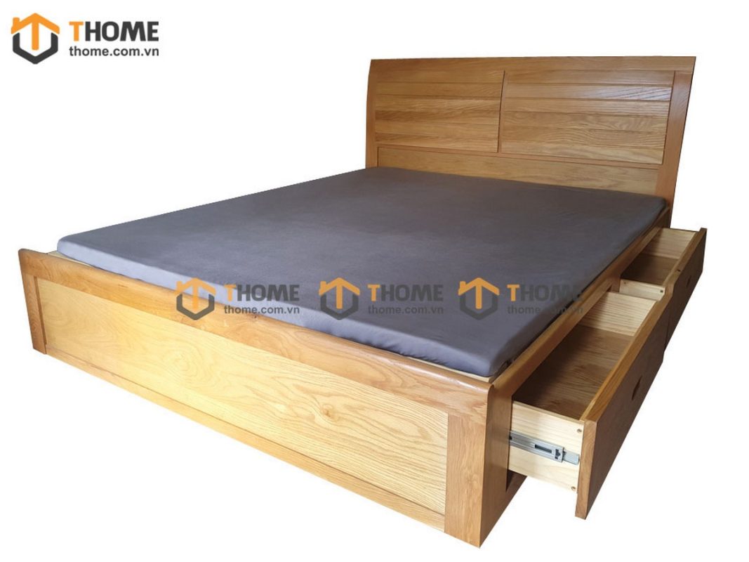 Giường ngủ gỗ sồi tự nhiên Nova đầu lá sách 2 hộc kéo GN-02SM