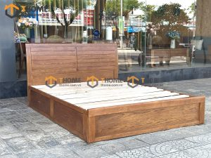 Giường ngủ gỗ sồi tự nhiên Nova đầu lá sách 2 hộc kéo GN-02SM