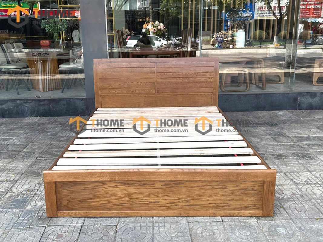Giường ngủ gỗ sồi tự nhiên Nova đầu lá sách 2 hộc kéo GN-02SM