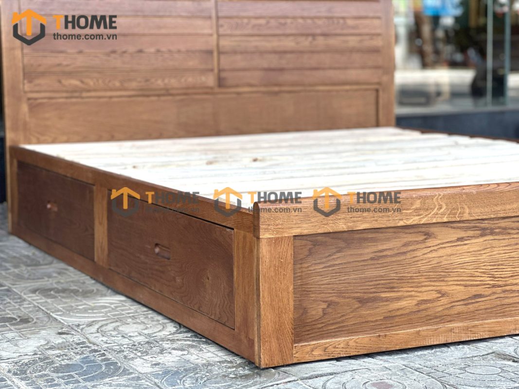 Giường ngủ gỗ sồi tự nhiên Nova đầu lá sách 2 hộc kéo GN-02SM