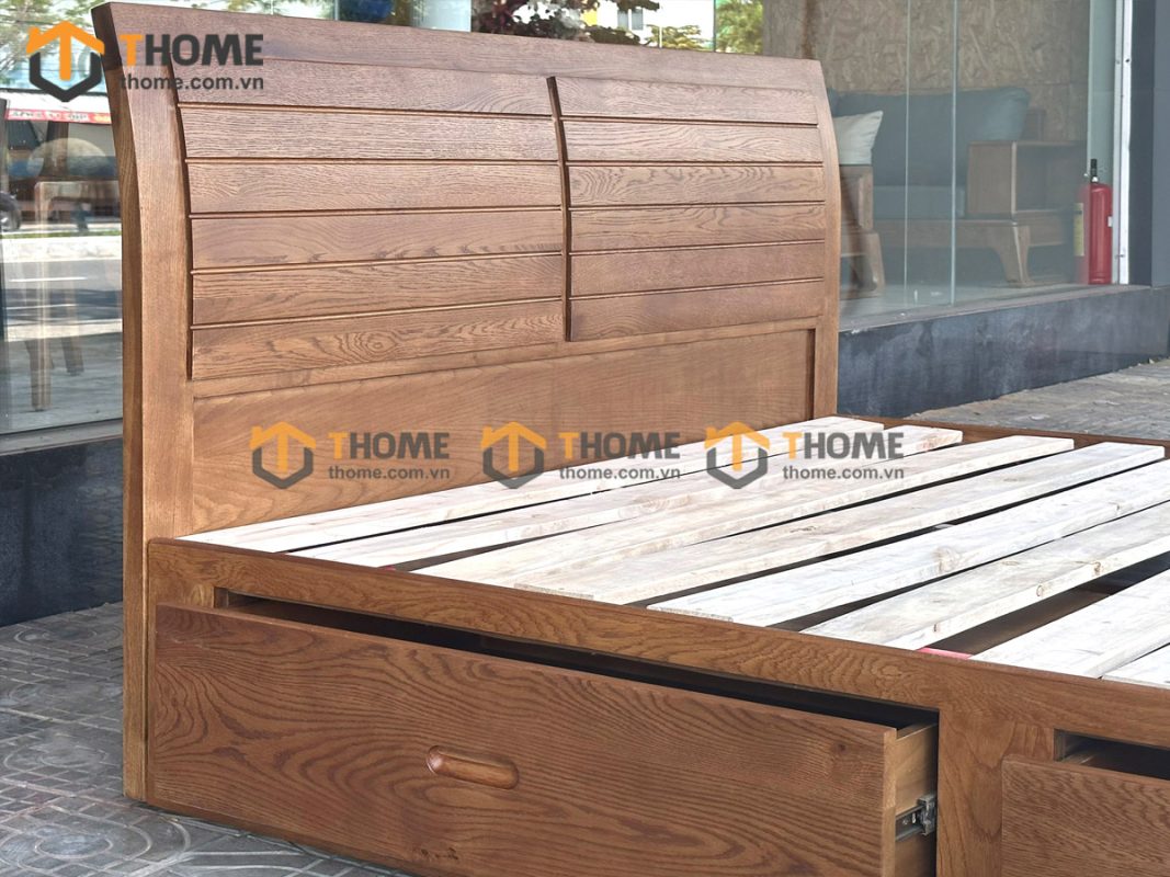 Giường ngủ gỗ sồi tự nhiên Nova đầu lá sách 2 hộc kéo GN-02SM