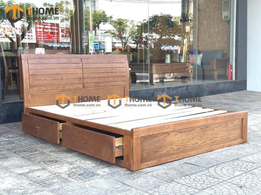Giường ngủ gỗ sồi tự nhiên Nova đầu lá sách 2 hộc kéo GN-02SM