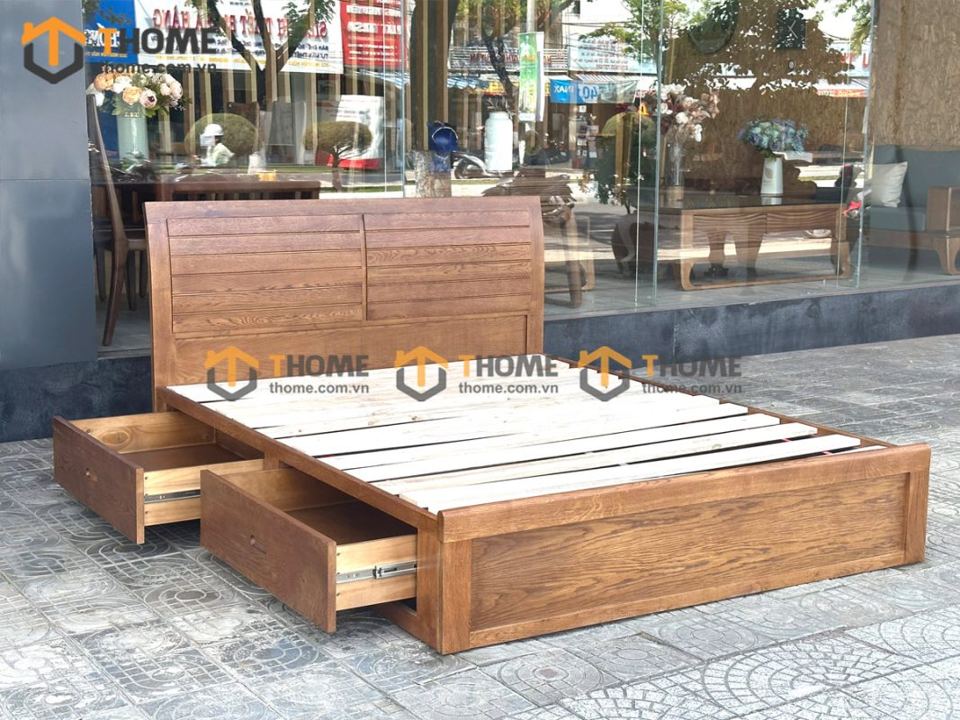 Giường ngủ gỗ sồi tự nhiên Nova đầu lá sách 2 hộc kéo GN-02SM
