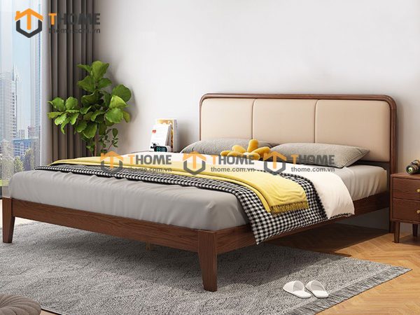 Giường ngủ gỗ sồi tự nhiên đầu nệm Mama màu óc chó GNĐN-03SN