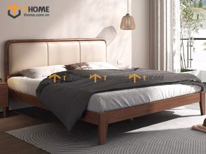 Giường ngủ gỗ sồi tự nhiên đầu nệm Mama màu óc chó GNĐN-03SN