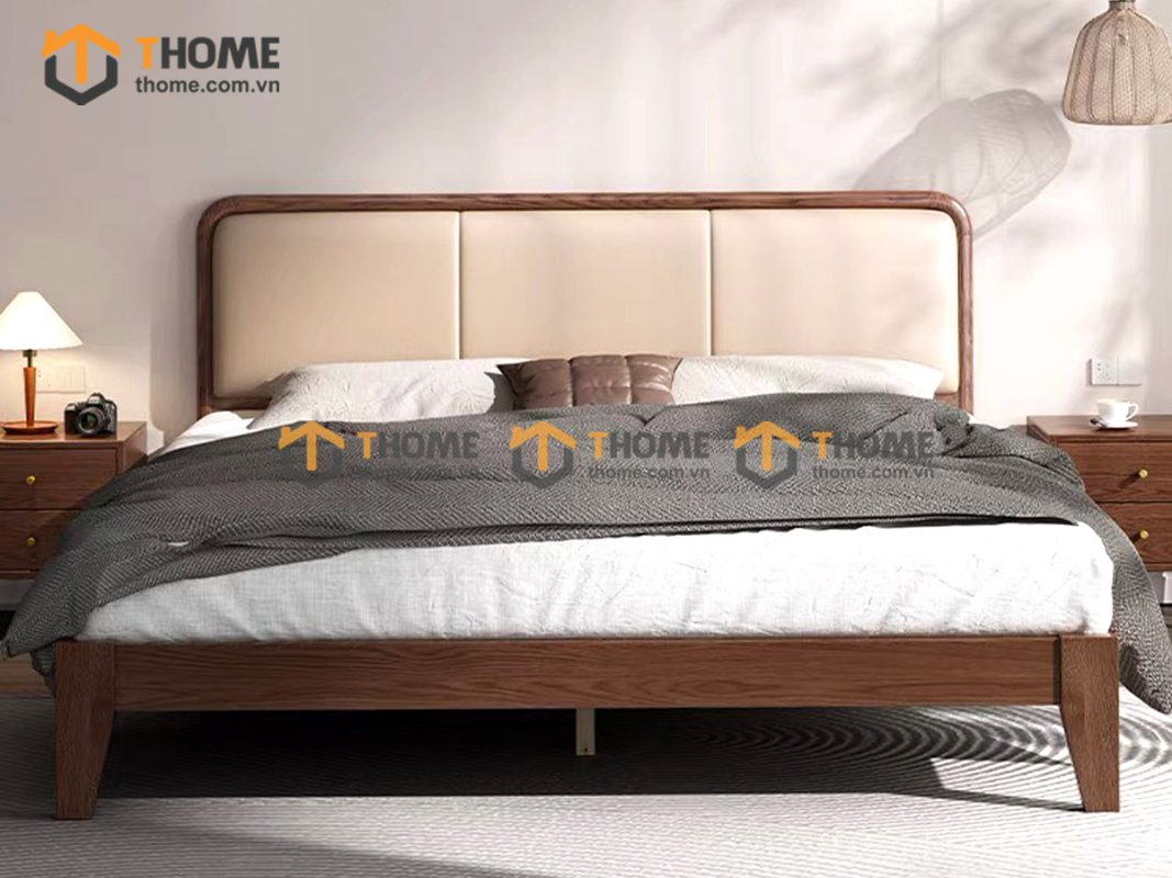 Giường ngủ gỗ sồi tự nhiên đầu nệm Mama màu óc chó GNĐN-03SN