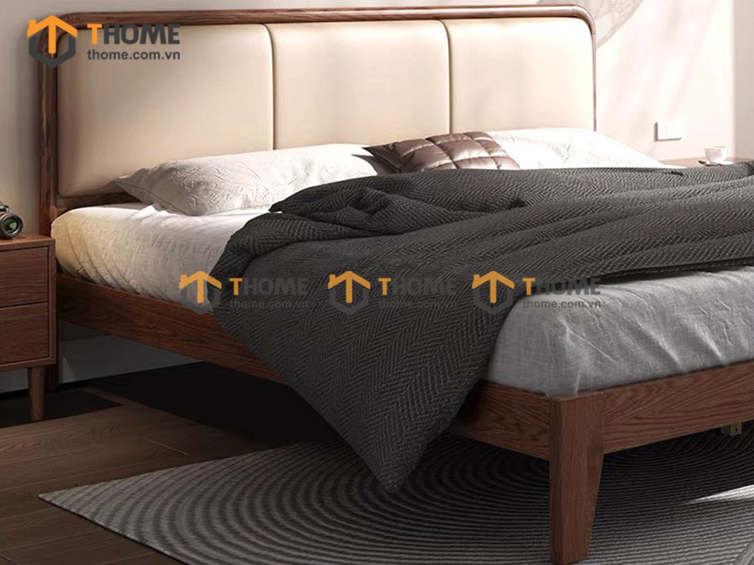 Giường ngủ gỗ sồi tự nhiên đầu nệm Mama màu óc chó GNĐN-03SN