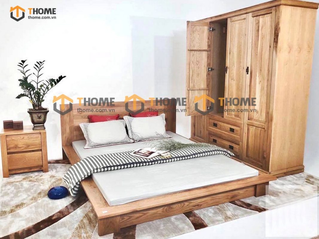 Giường ngủ gỗ sồi tự nhiên Nhật thấp GN-15SM