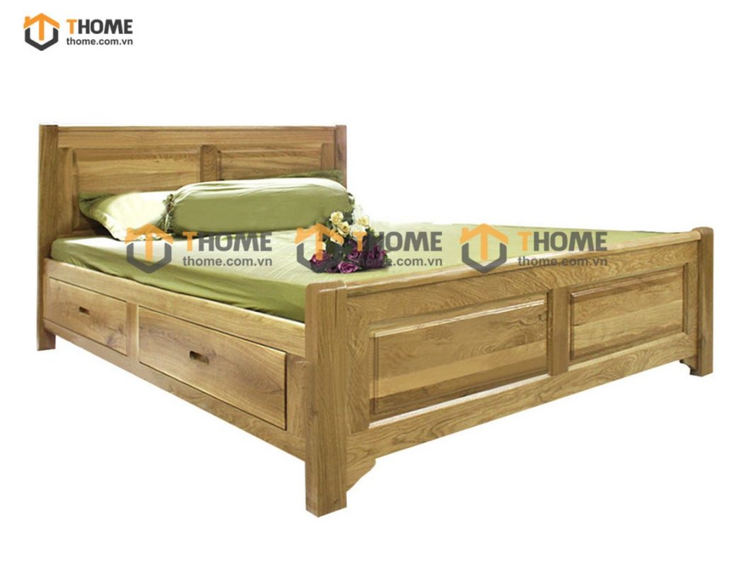 Giường ngủ gỗ sồi tự nhiên đầu thẳng 2 hộc kéo chân hở GN-05SM