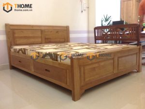Giường ngủ gỗ sồi tự nhiên đầu thẳng 2 hộc kéo chân hở GN-05SM