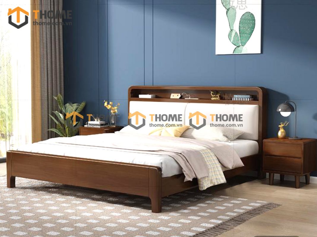 Giường ngủ gỗ sồi tự nhiên đầu nệm Toto màu óc chó GNĐN-05SN