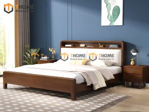Giường ngủ gỗ sồi tự nhiên đầu nệm Toto màu óc chó GNĐN-05SN
