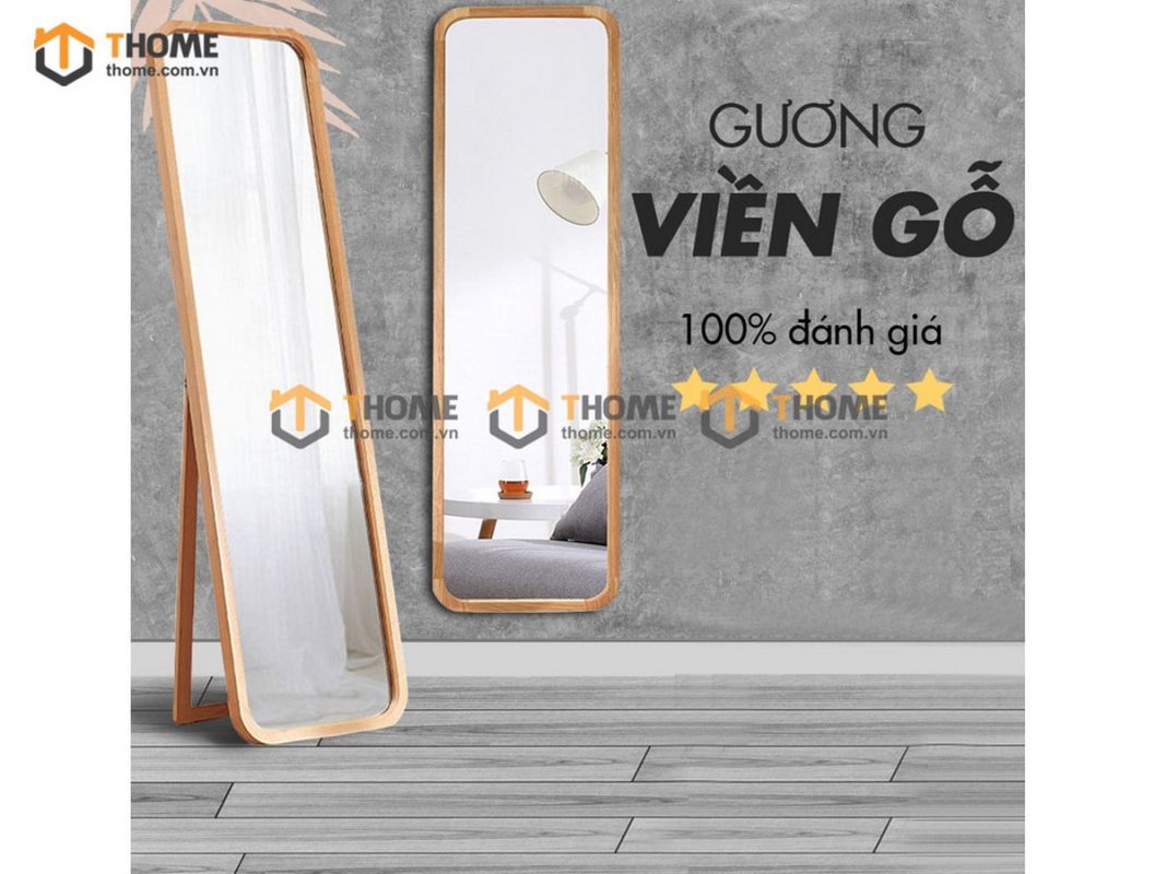 Gương soi treo tường gỗ sồi tự nhiên hình chữ nhật viền gỗ GS-17SN