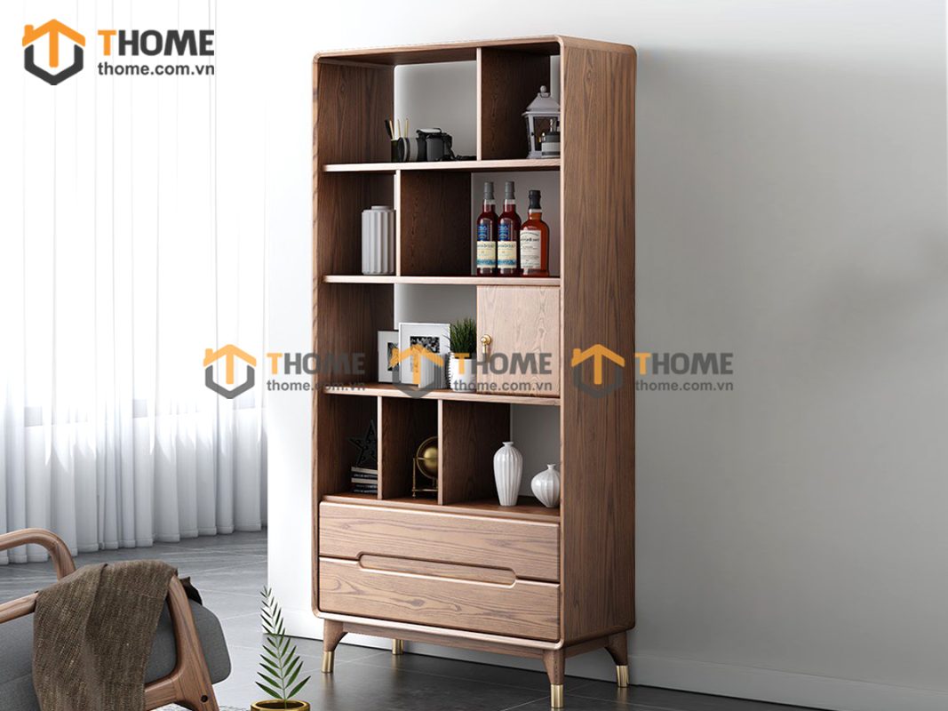 Kệ sách gỗ sồi tự nhiên 1 cánh lật 2 hộc kéo không hậu KS-05SN