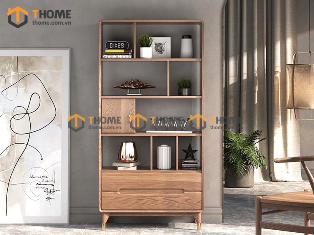 Kệ sách gỗ sồi tự nhiên 1 cánh lật 2 hộc kéo không hậu KS-05SN