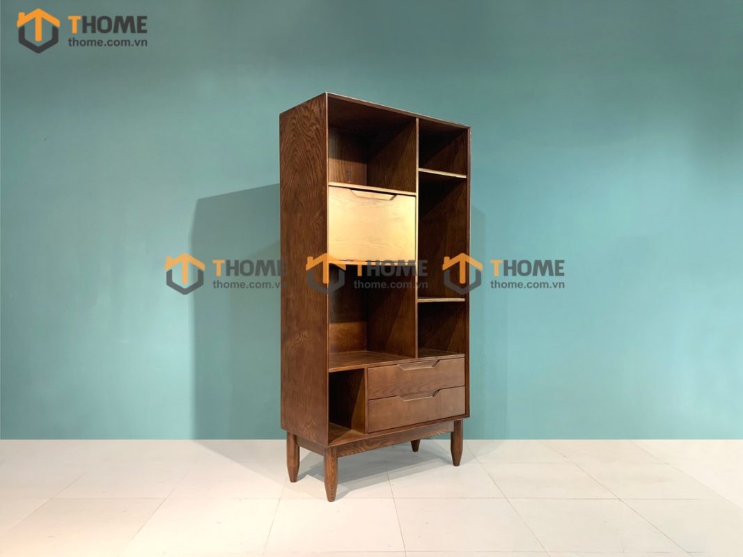 Kệ sách gỗ sồi tự nhiên 1 cánh lật 2 hộc kéo Polo KS-01SN