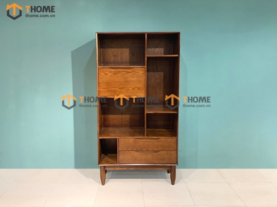 Kệ sách gỗ sồi tự nhiên 1 cánh lật 2 hộc kéo Polo KS-01SN