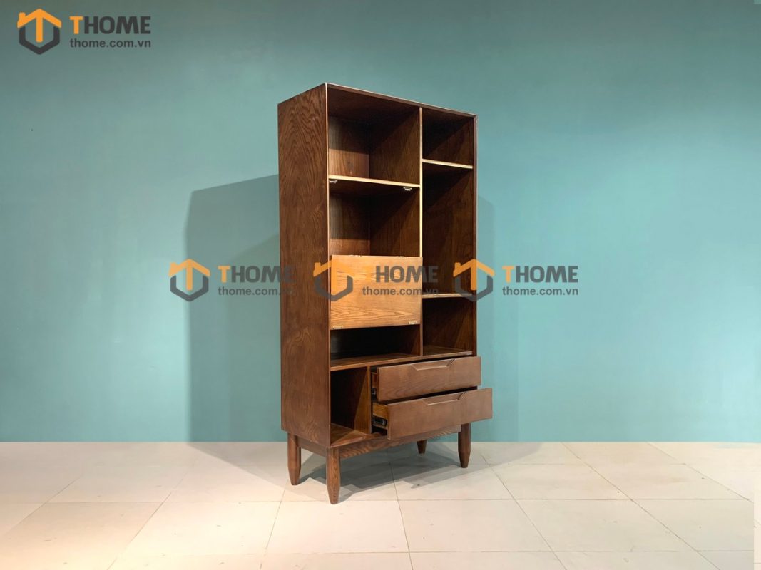 Kệ sách gỗ sồi tự nhiên 1 cánh lật 2 hộc kéo Polo KS-01SN