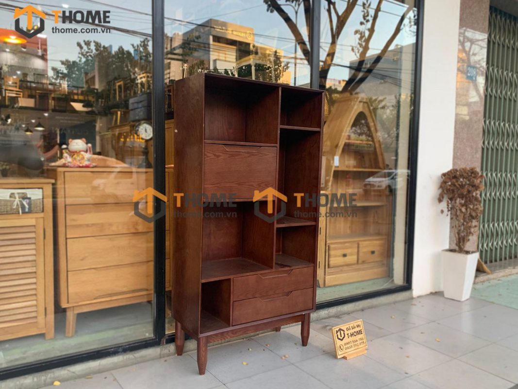 Kệ sách gỗ sồi tự nhiên 1 cánh lật 2 hộc kéo Polo KS-01SN
