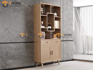 Kệ sách gỗ sồi tự nhiên 2 cánh 2 hộc kéo không hậu KS-04SN