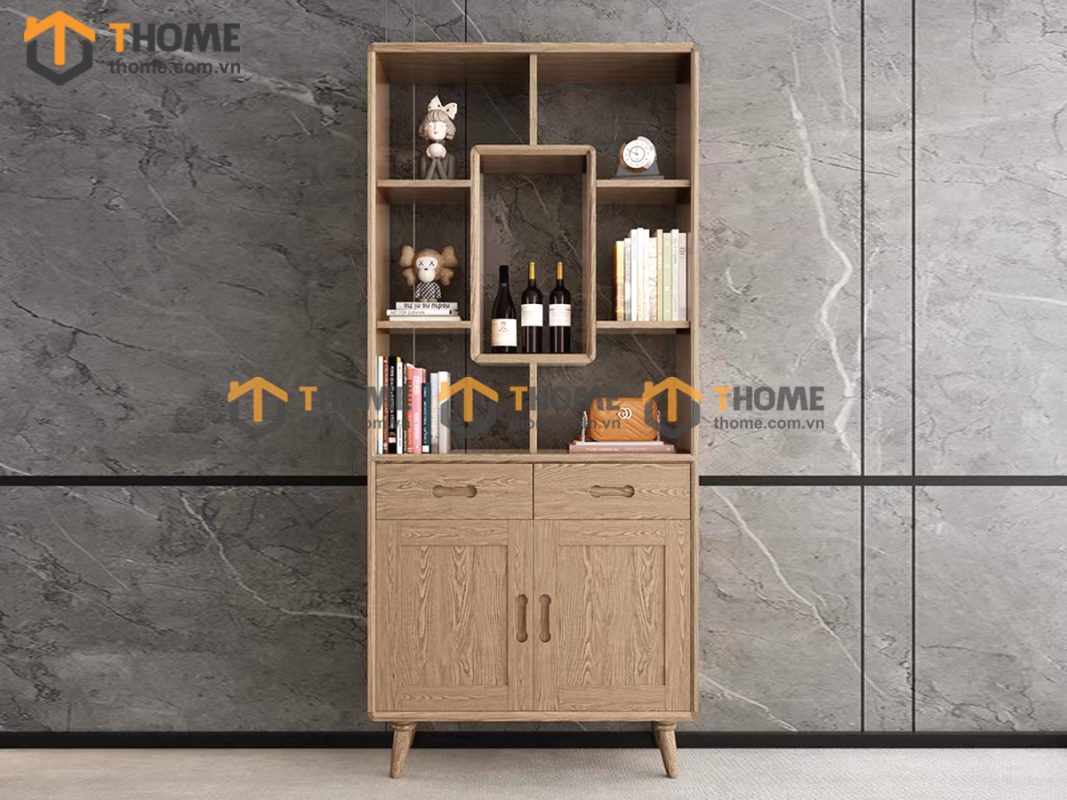 Kệ sách gỗ sồi tự nhiên 2 cánh lật 2 hộc kéo không hậu KS-04SN