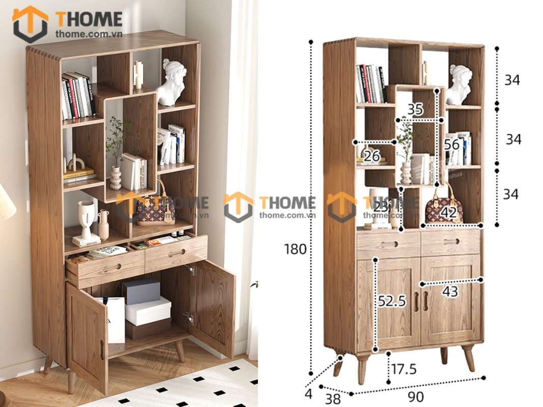 Kệ sách gỗ sồi tự nhiên 2 cánh lật 2 hộc kéo không hậu KS-04SN