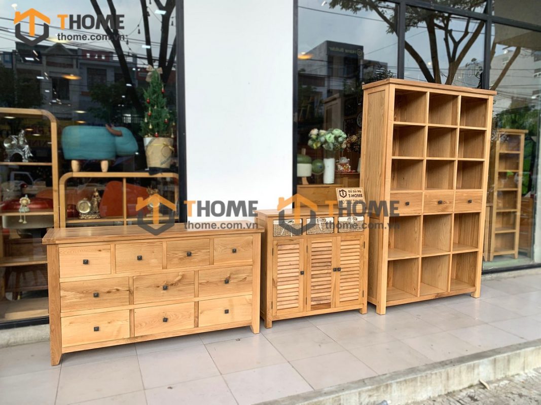 Kệ sách gỗ sồi tự nhiên 2 hộc kéo giữa Harris KS-01SM