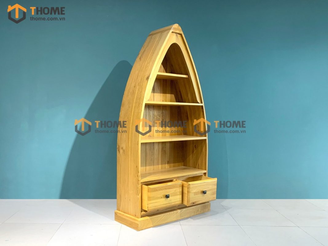 Kệ sách gỗ sồi tự nhiên 2 hộc kéo hình thuyền KS-09SM