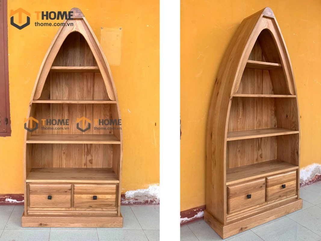 Kệ sách gỗ sồi tự nhiên 2 hộc kéo hình thuyền KS-09SM