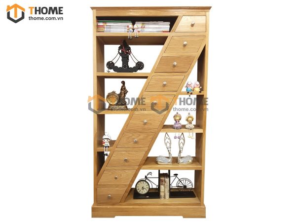 Kệ sách gỗ sồi tự nhiên 10 hộc kéo xéo KS-10SM