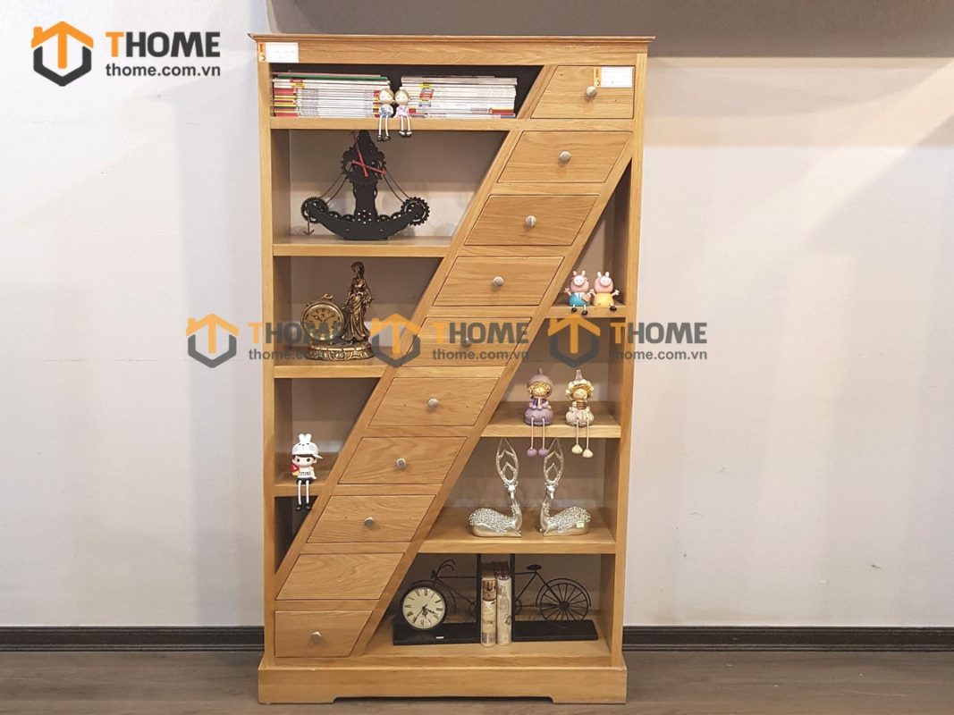 Kệ sách gỗ sồi tự nhiên 10 hộc kéo xéo KS-10SM