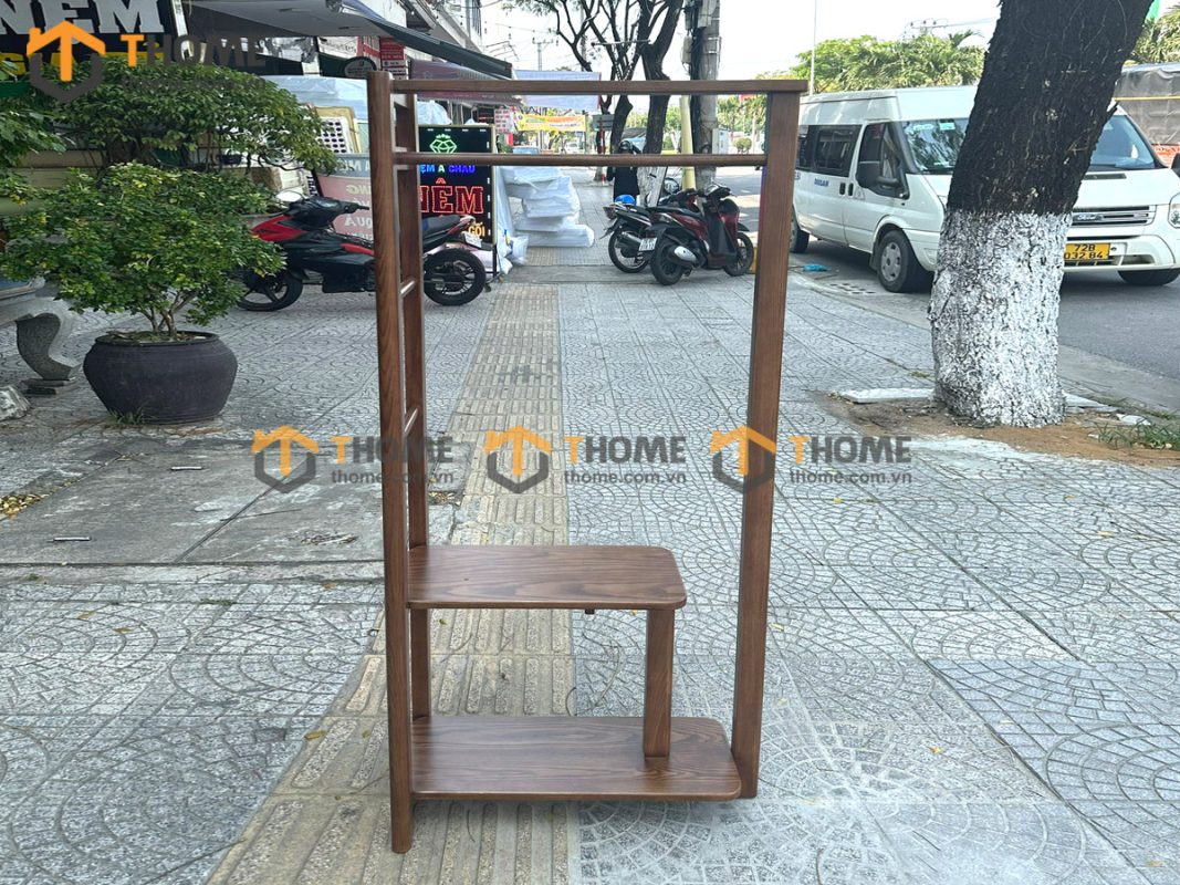 Kệ treo quần áo gỗ sồi tự nhiên 2 tầng màu óc chó TAT-02SN