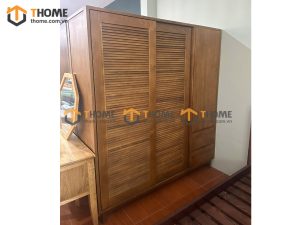 Tủ áo gỗ sồi tự nhiên 2 cánh lùa 1 cánh mở Titan màu óc chó TA-04SN