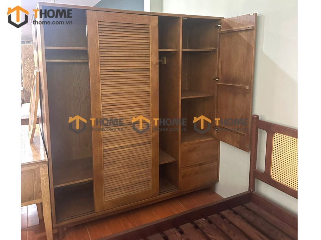 Tủ áo gỗ sồi tự nhiên 2 cánh lùa 1 cánh mở Titan màu óc chó TA-04SN