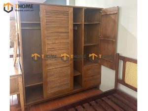 Tủ áo gỗ sồi tự nhiên 2 cánh lùa 1 cánh mở Titan màu óc chó TA-04SN