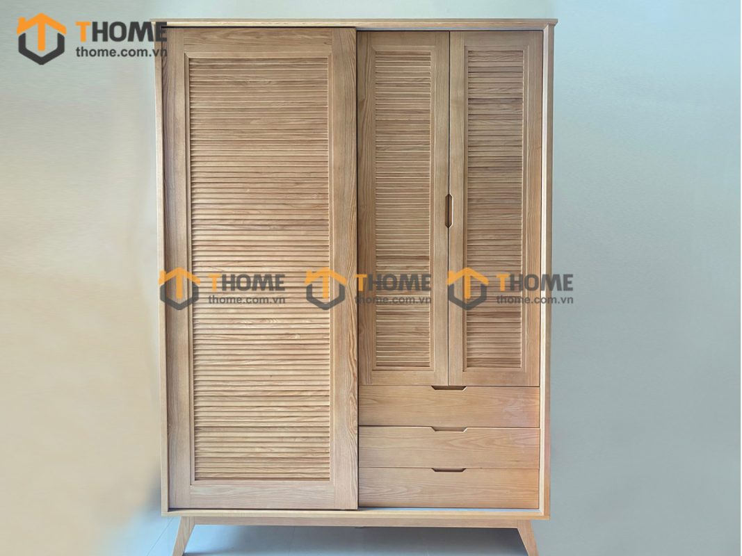 Tủ áo gỗ sồi tự nhiên 2 cánh lùa 1 cánh mở Sunrise màu tự nhiên TA-05SN