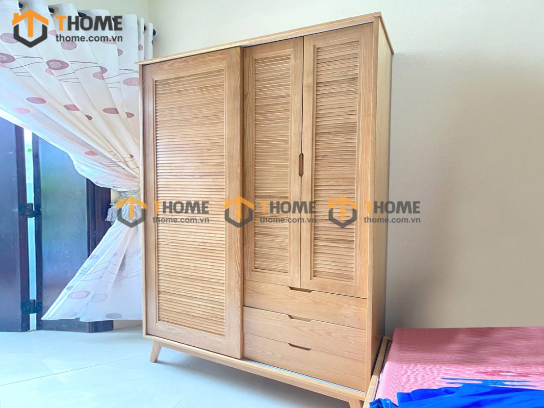 Tủ áo gỗ sồi tự nhiên 2 cánh lùa 1 cánh mở Sunrise màu tự nhiên TA-05SN