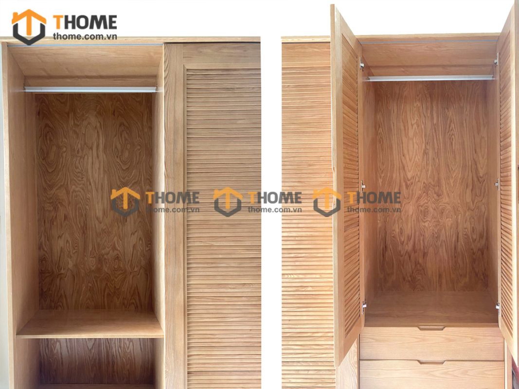 Tủ áo gỗ sồi tự nhiên 2 cánh lùa 1 cánh mở Sunrise màu tự nhiên TA-05SN