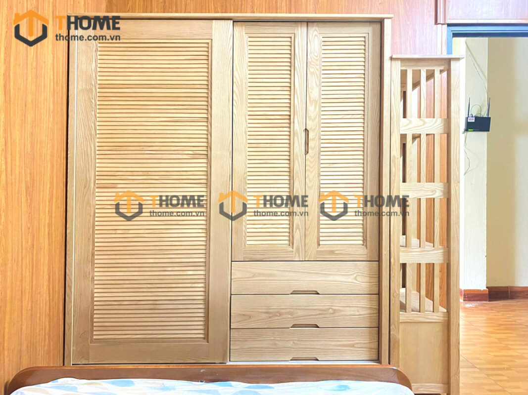 Tủ áo gỗ sồi tự nhiên 1 cánh lùa 2 cánh mở Sunrise màu tự nhiên TA-05SN