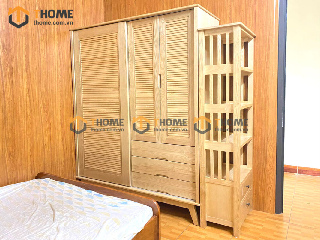 Tủ áo gỗ sồi tự nhiên 1 cánh lùa 2 cánh mở Sunrise màu tự nhiên TA-05SN